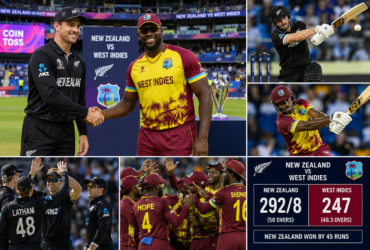 New Zealand vs West Indies players celebrating during an exciting international cricket match.