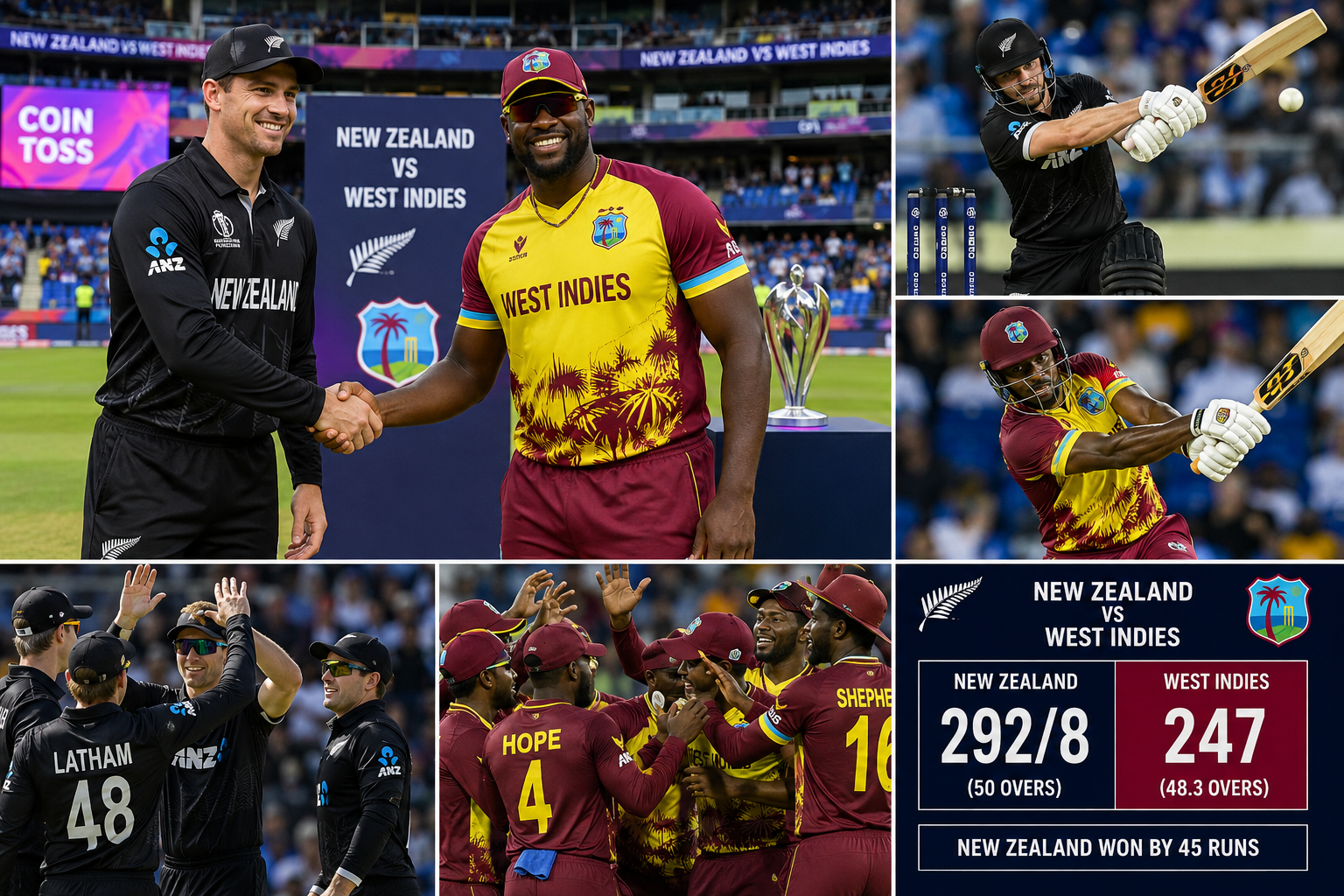 New Zealand vs West Indies players celebrating during an exciting international cricket match.