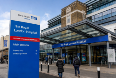 Royal London Hospital main entrance in Whitechapel with visitors entering the modern NHS hospital building.
