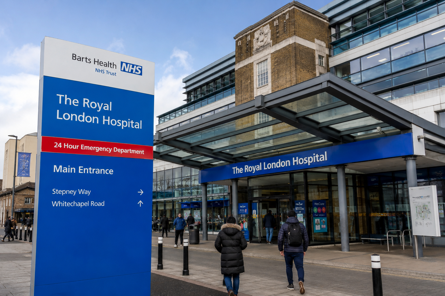 Royal London Hospital main entrance in Whitechapel with visitors entering the modern NHS hospital building.