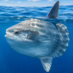 Ocean sunfish (Mola mola) swimming near the ocean surface with its large dorsal fin visible