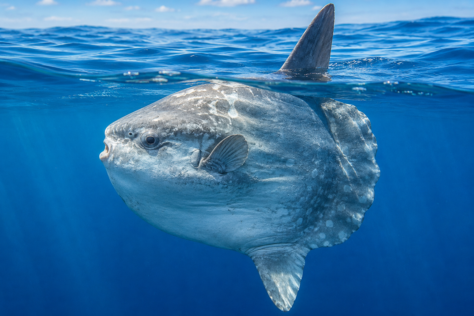 Ocean sunfish (Mola mola) swimming near the ocean surface with its large dorsal fin visible