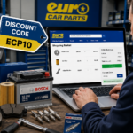 Mechanic shopping for car parts with brake discs, filters, batteries, and tools while applying a Euro Car Parts discount code online.