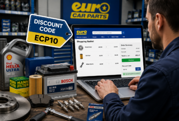 Mechanic shopping for car parts with brake discs, filters, batteries, and tools while applying a Euro Car Parts discount code online.
