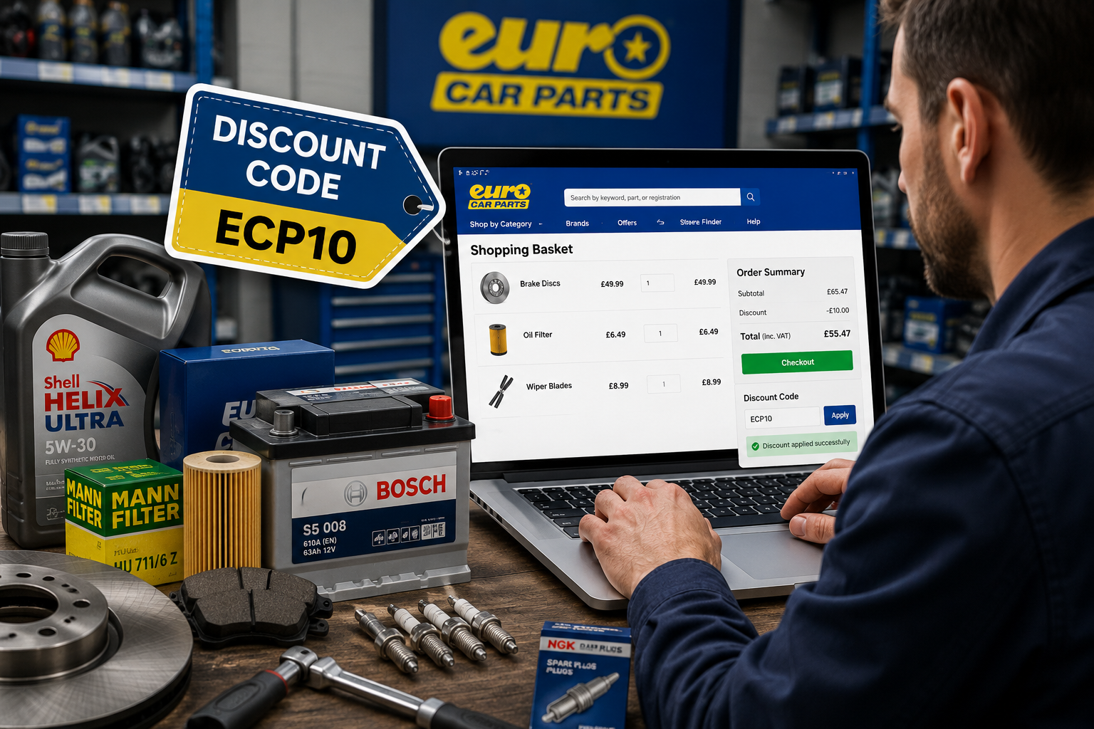 Mechanic shopping for car parts with brake discs, filters, batteries, and tools while applying a Euro Car Parts discount code online.