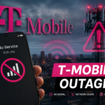 Smartphone displaying SOS mode during a T-Mobile outage with a cellular tower and network disruption concept in the background.