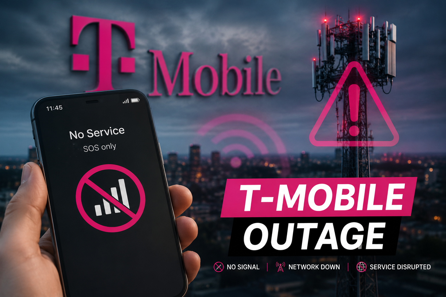 Smartphone displaying SOS mode during a T-Mobile outage with a cellular tower and network disruption concept in the background.