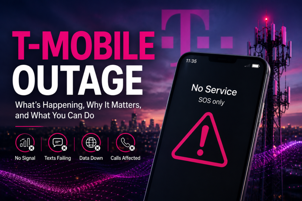 Smartphone displaying SOS mode during a T-Mobile outage with a cellular tower and network disruption concept in the background.