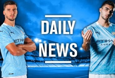 Manchester City transfer news graphic showing football transfer documents, club colours, and a summer transfer window theme.