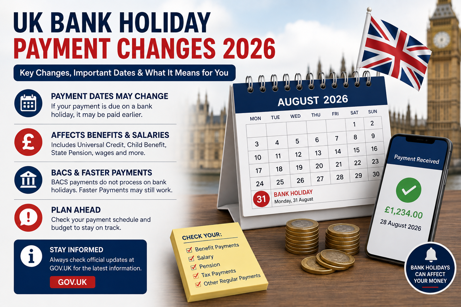 UK bank holiday payment changes 2026 showing adjusted benefit, salary and bank payment dates