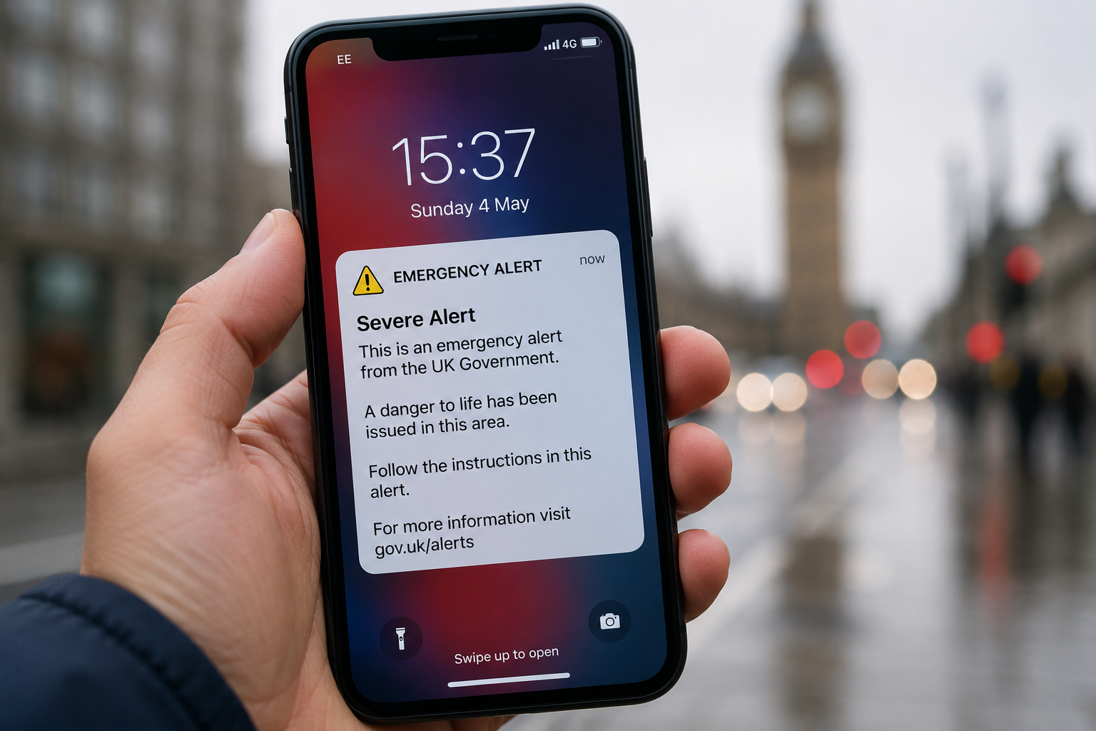 UK emergency alert warning displayed on a smartphone during a life-threatening emergency