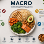 Macro nutrition guide showing protein, carbohydrates, and healthy fats on a balanced plate