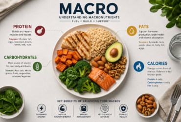 Macro nutrition guide showing protein, carbohydrates, and healthy fats on a balanced plate
