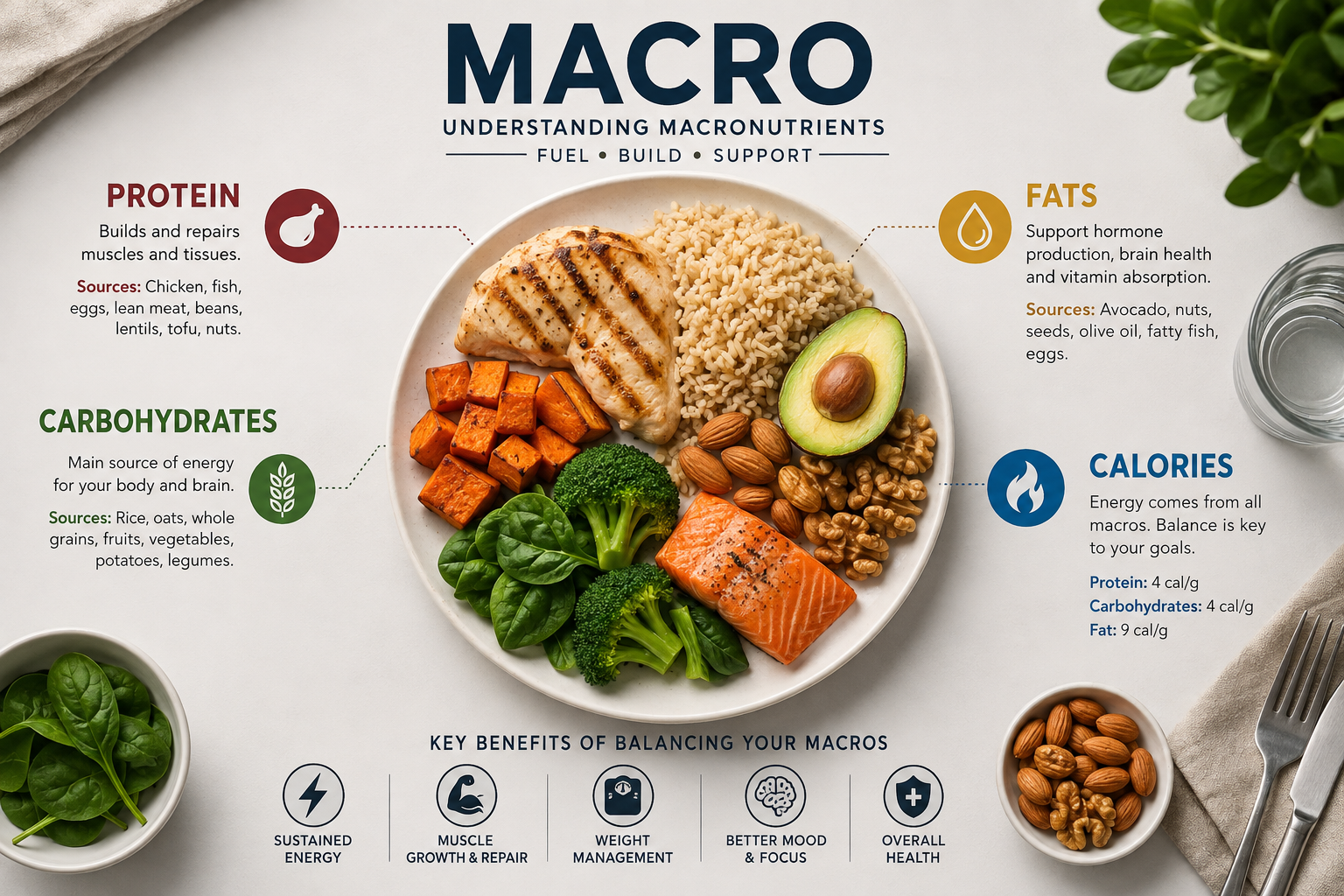 Macro nutrition guide showing protein, carbohydrates, and healthy fats on a balanced plate
