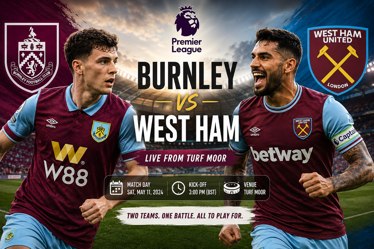 Burnley vs West Ham Championship match at Turf Moor with players competing during the 2026/27 season