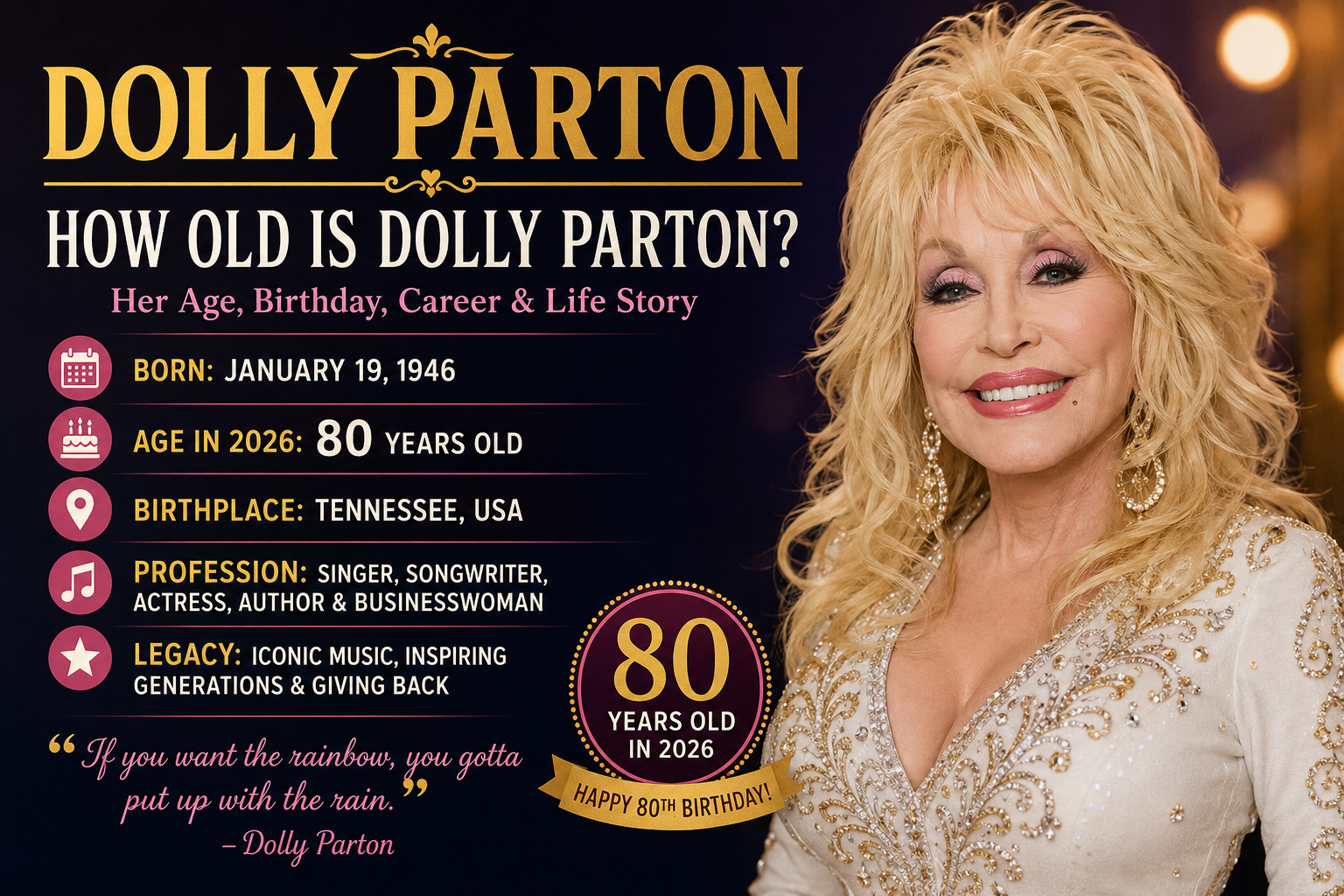 Dolly Parton at 80 years old in 2026 – American country music singer and songwriter