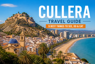 Cullera Spain with Mediterranean beach, historic castle and coastal landscape