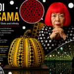 Yayoi Kusama surrounded by her iconic polka dots and colorful Infinity-inspired artwork