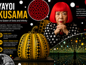 Yayoi Kusama surrounded by her iconic polka dots and colorful Infinity-inspired artwork