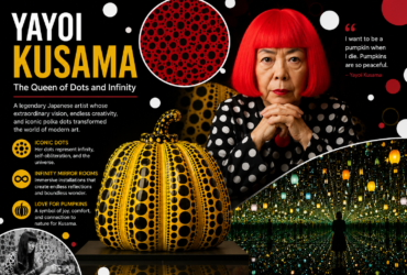 Yayoi Kusama surrounded by her iconic polka dots and colorful Infinity-inspired artwork