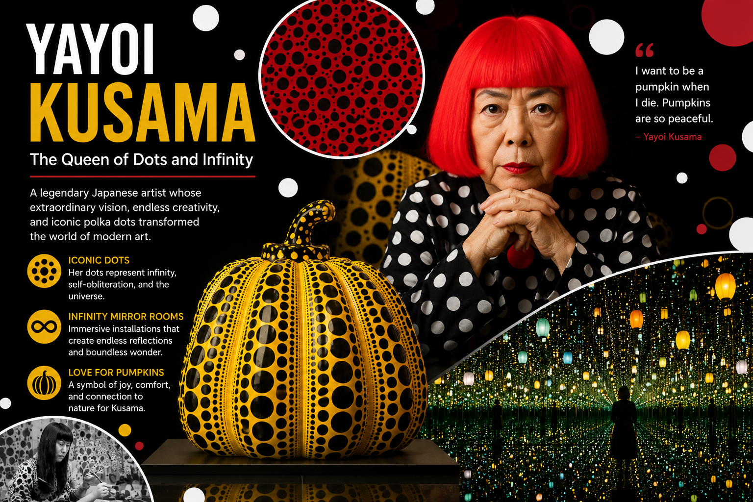 Yayoi Kusama surrounded by her iconic polka dots and colorful Infinity-inspired artwork
