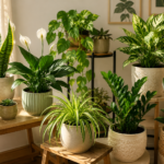 A collection of beginner-friendly indoor plants, including Snake Plant, Pothos, ZZ Plant, Spider Plant, and Peace Lily arranged in modern pots inside a bright living room.