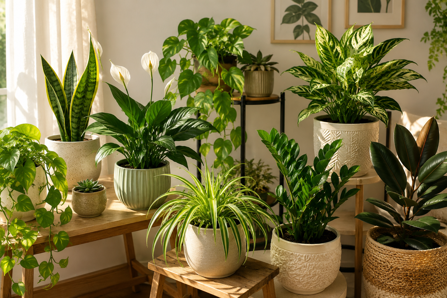 A collection of beginner-friendly indoor plants, including Snake Plant, Pothos, ZZ Plant, Spider Plant, and Peace Lily arranged in modern pots inside a bright living room.