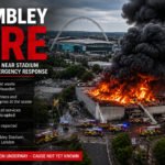 Wembley fire near Wembley Stadium with firefighters tackling a large industrial blaze and heavy smoke in northwest London