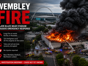 Wembley fire near Wembley Stadium with firefighters tackling a large industrial blaze and heavy smoke in northwest London