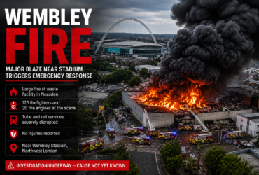 Wembley fire near Wembley Stadium with firefighters tackling a large industrial blaze and heavy smoke in northwest London
