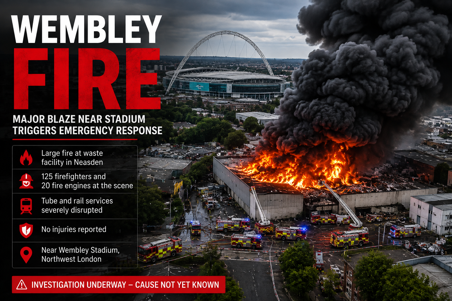 Wembley fire near Wembley Stadium with firefighters tackling a large industrial blaze and heavy smoke in northwest London