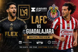 LAFC vs Guadalajara 2026 match preview image with team logos, players, and Leagues Cup branding.