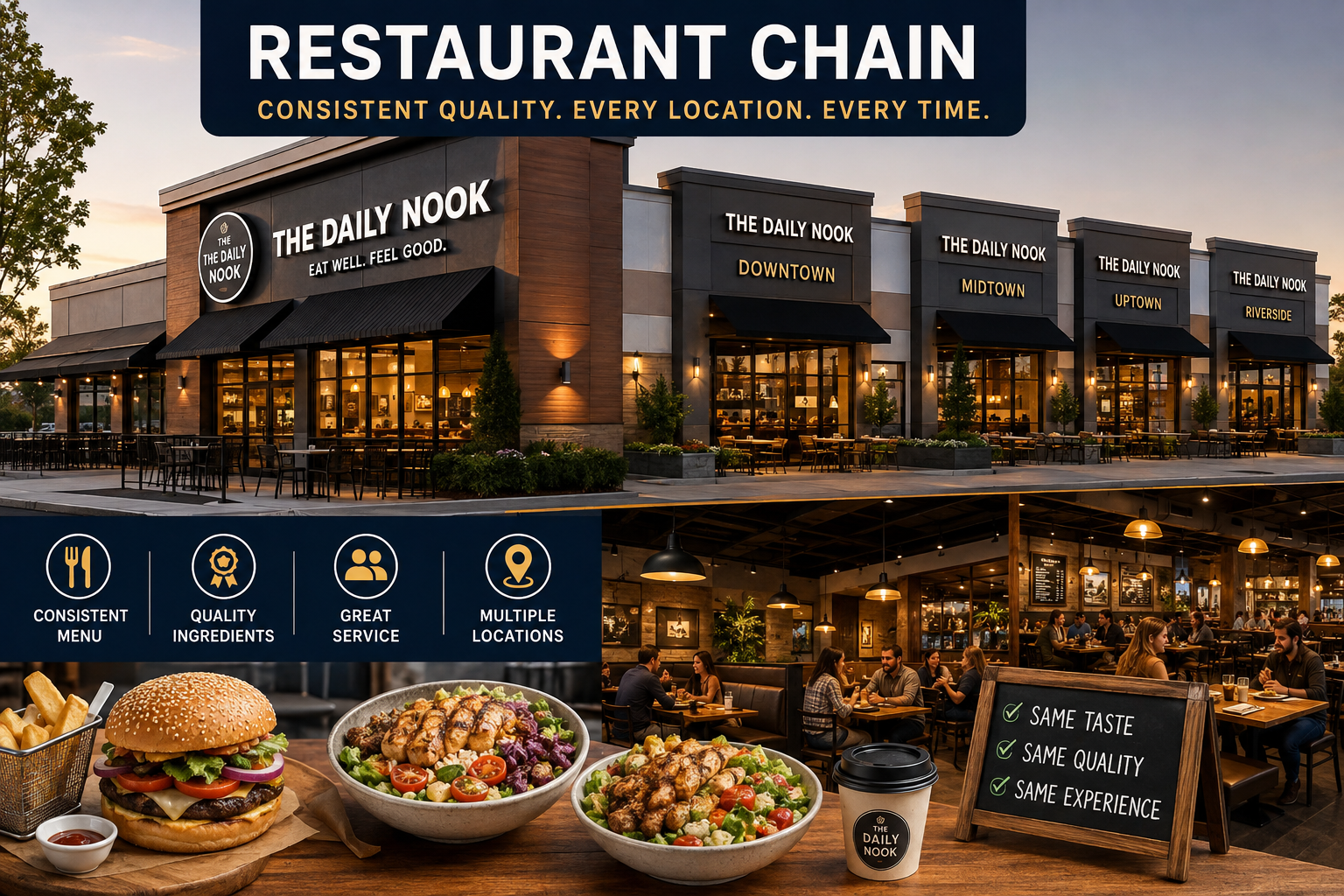 Restaurant chain serving customers with consistent branding and standardized menu across multiple locations