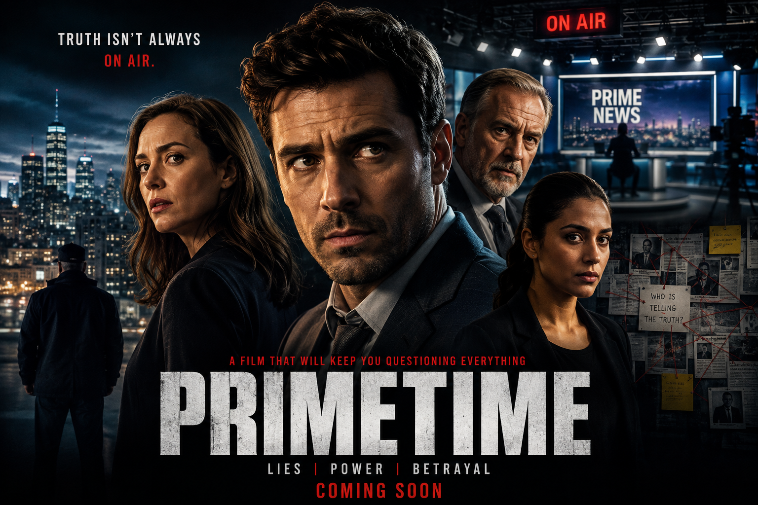 Primetime Movie official poster featuring the main cast in a suspense thriller setting