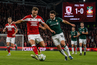 Middlesbrough vs Wrexham Carabao Cup match with Will Lankshear celebrating his winning goal