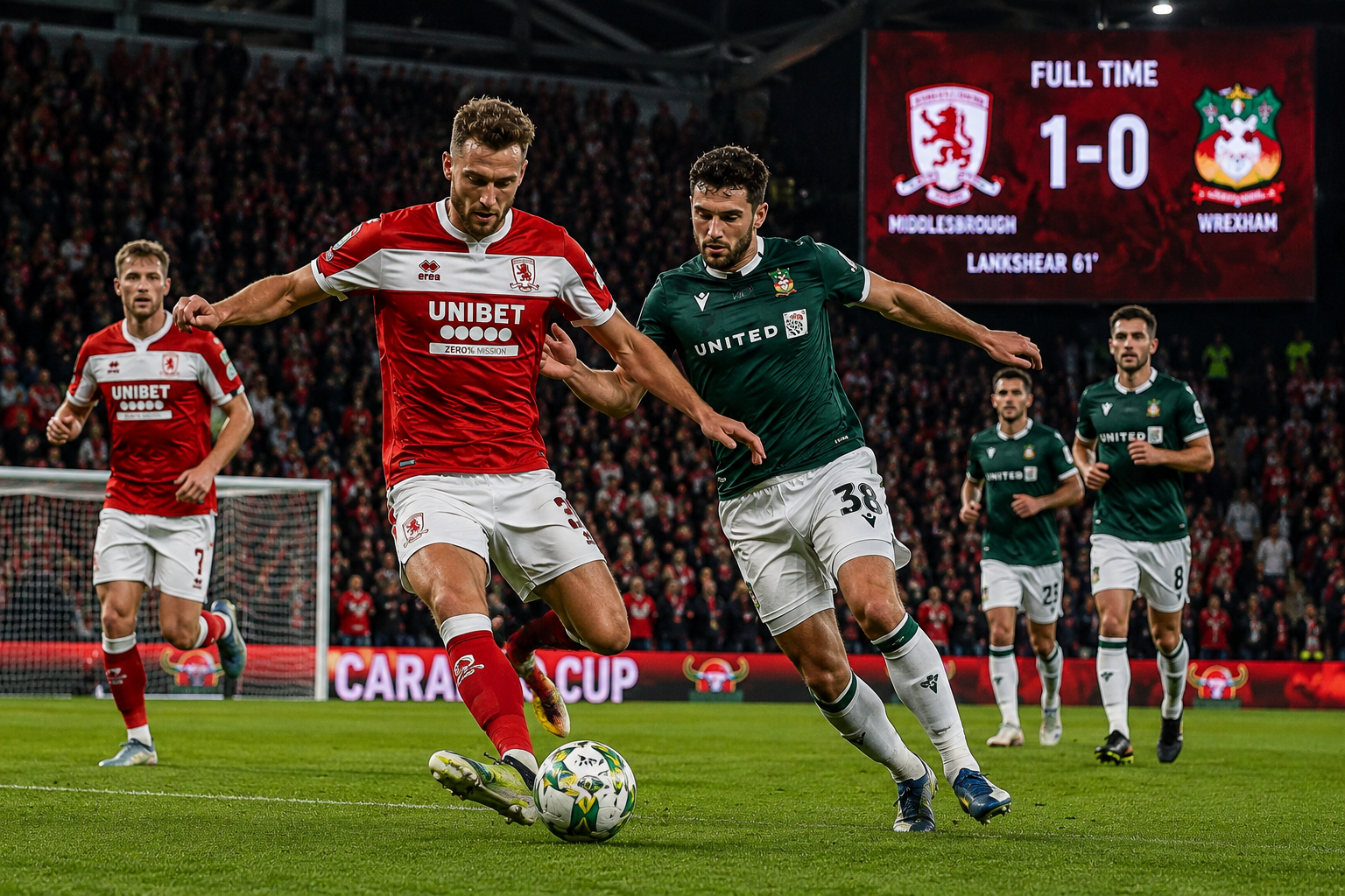 Middlesbrough vs Wrexham Carabao Cup match with Will Lankshear celebrating his winning goal