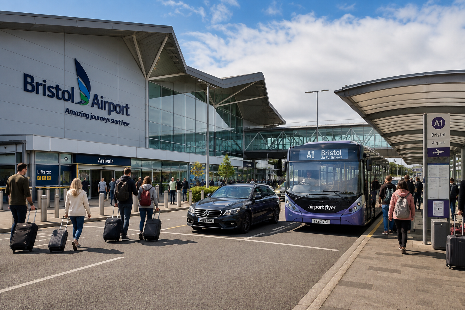 Bristol Airport terminal building and passenger arrivals