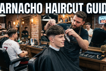 Professional barber creating a Garnacho haircut with a clean mid fade and textured top in a modern barbershop.