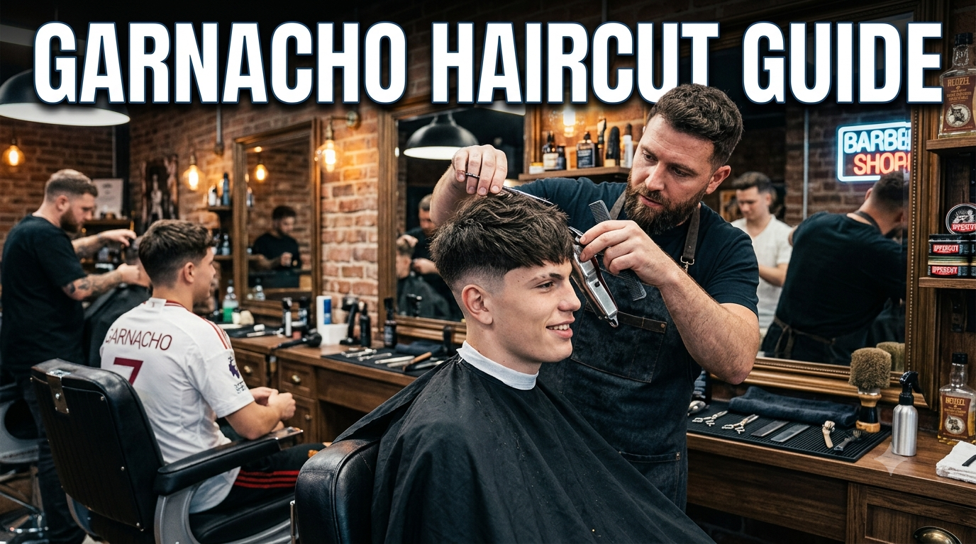 Professional barber creating a Garnacho haircut with a clean mid fade and textured top in a modern barbershop.