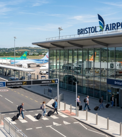Bristol Airport terminal and Transport Interchange with passengers travelling through the airport