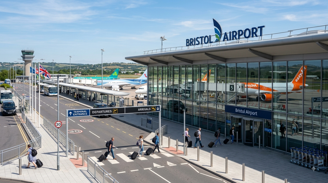 Bristol Airport terminal and Transport Interchange with passengers travelling through the airport
