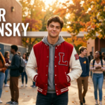 Peter Kavinsky smiling in a high school setting while wearing a varsity jacket during a memorable scene from the teen romance film series.