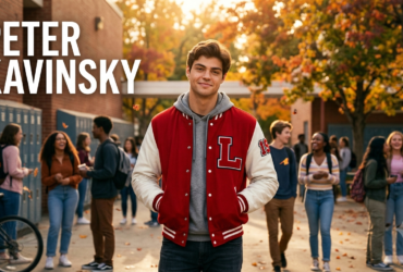 Peter Kavinsky smiling in a high school setting while wearing a varsity jacket during a memorable scene from the teen romance film series.