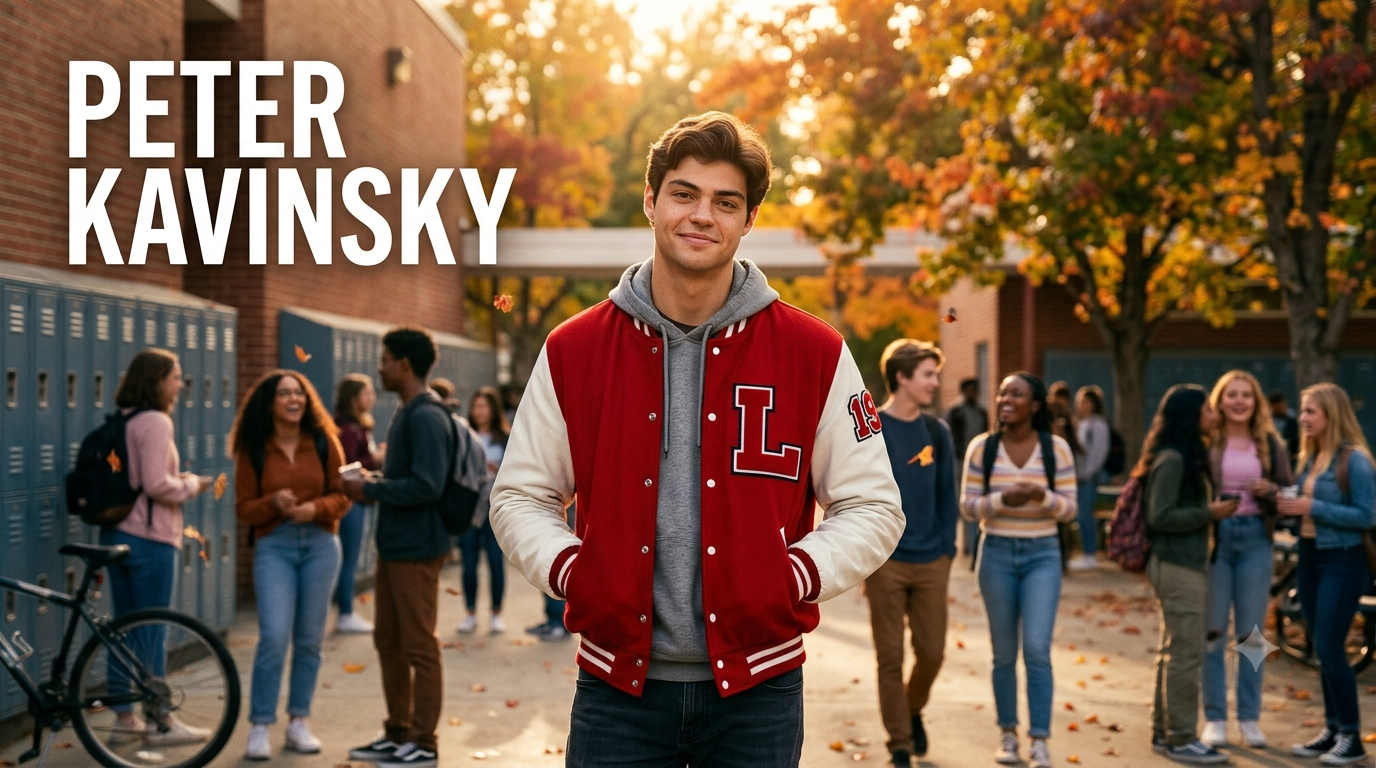 Peter Kavinsky smiling in a high school setting while wearing a varsity jacket during a memorable scene from the teen romance film series.