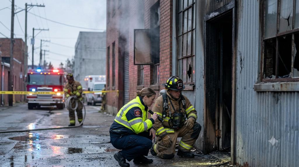 Arson awareness concept showing fire safety, investigation, and prevention efforts.