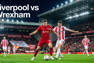 Liverpool and Wrexham players competing during a pre-season football match in a packed stadium with supporters cheering.