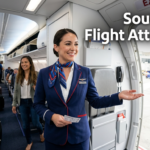 Southwest flight attendant welcoming passengers aboard a commercial aircraft while preparing the cabin before departure.