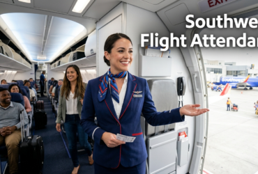 Southwest flight attendant welcoming passengers aboard a commercial aircraft while preparing the cabin before departure.