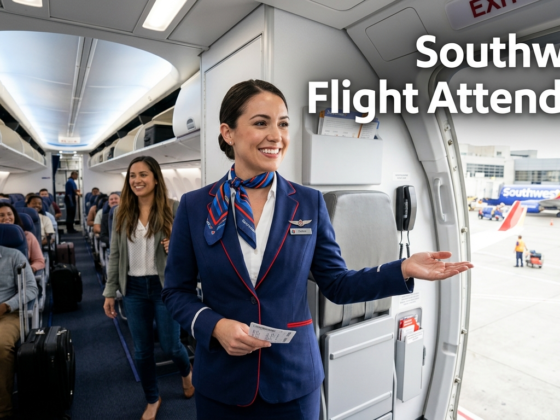 Southwest flight attendant welcoming passengers aboard a commercial aircraft while preparing the cabin before departure.