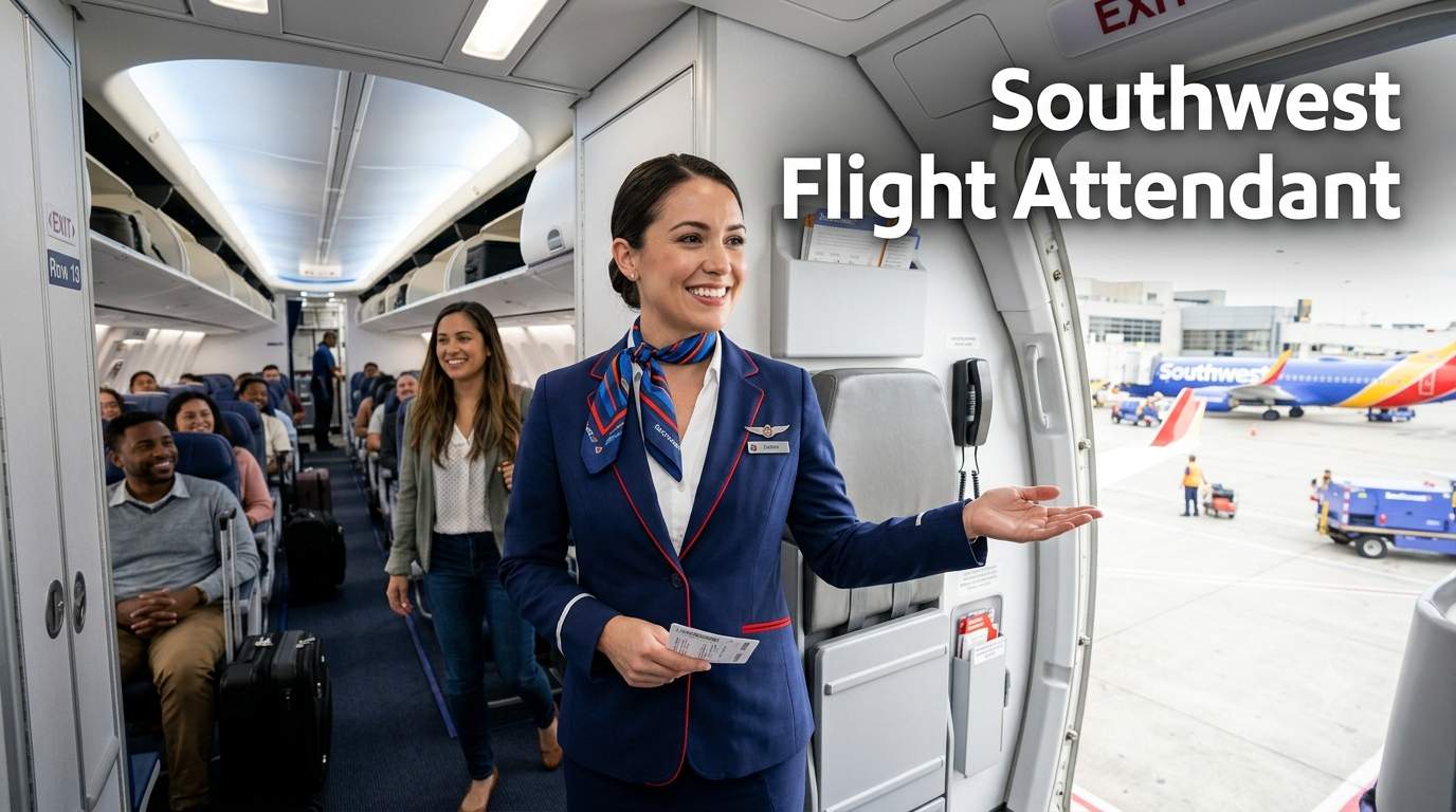 Southwest flight attendant welcoming passengers aboard a commercial aircraft while preparing the cabin before departure.